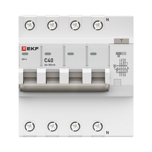 Дифференциальный автомат АД-4 40А/300мА (хар. C, AC, электронный, защита 270В) 6кА EKF PROxima