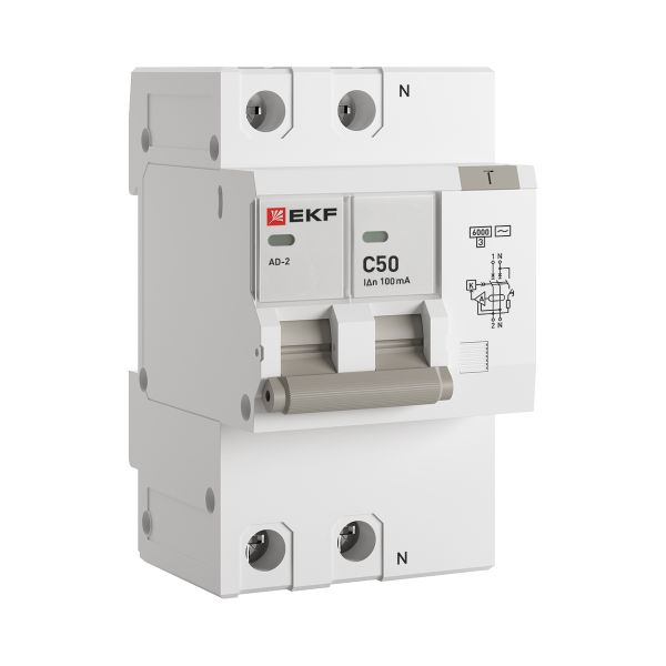 Автоматический выключатель дифференциального тока АД-2 2Р 50А характеристика C 100мА тип АС электронный 6кА PROXIMA EKF