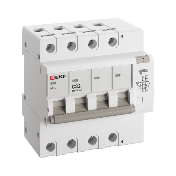 Автоматический выключатель дифференциального тока АД-4 4P 32А характеристика C 30мА тип АС электронный 4,5кА PROXIMA EKF
