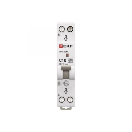 Диф. автомат  2П  10А  10мА (1мод., хар.C, электронный тип АС) 6кА EKF АВДТ-63М