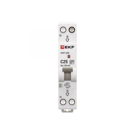 Диф. автомат  2П  25А 100мА (1мод., хар.С, электронный тип АС) 6кА EKF PROxiмА АВДТ-63М